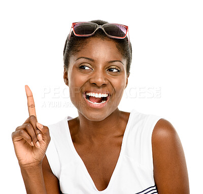 Buy stock photo Black woman, thinking and happy with solution in studio for problem solving, remember and mockup. African person, smile and idea for brainstorming, memory and decision with pride on white background