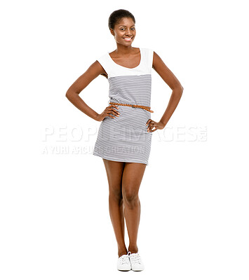 Buy stock photo Fashion, smile and portrait of black woman in studio with trendy clothes, stylish dress and casual outfit. Model, happy and isolated person with confidence, pride and attractive on white background