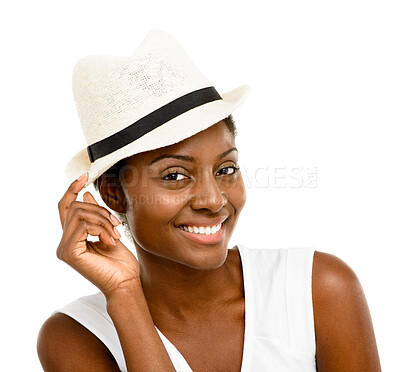 Buy stock photo Fashion, hat and portrait of black woman in studio with trendy clothes, stylish dress and casual outfit. Beauty, happy and isolated person with confidence, pride and attractive on white background