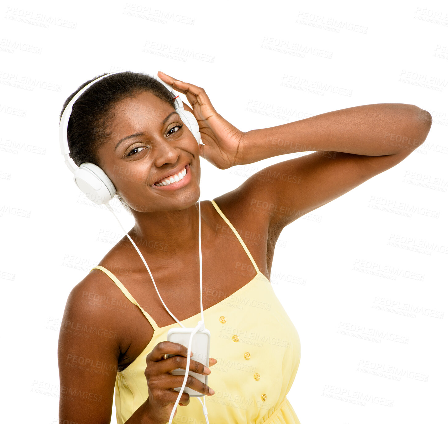 Buy stock photo Portrait, music and happy black woman in studio for streaming subscription, playlist and radio. Relax, headphones and isolated person with smile listening to audio, song and track on white background