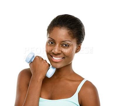 Buy stock photo Black woman, dumbbell and workout in studio portrait for smile, weightlifting or muscle growth. Girl, person and happy for exercise, training or fitness challenge by white background at health club