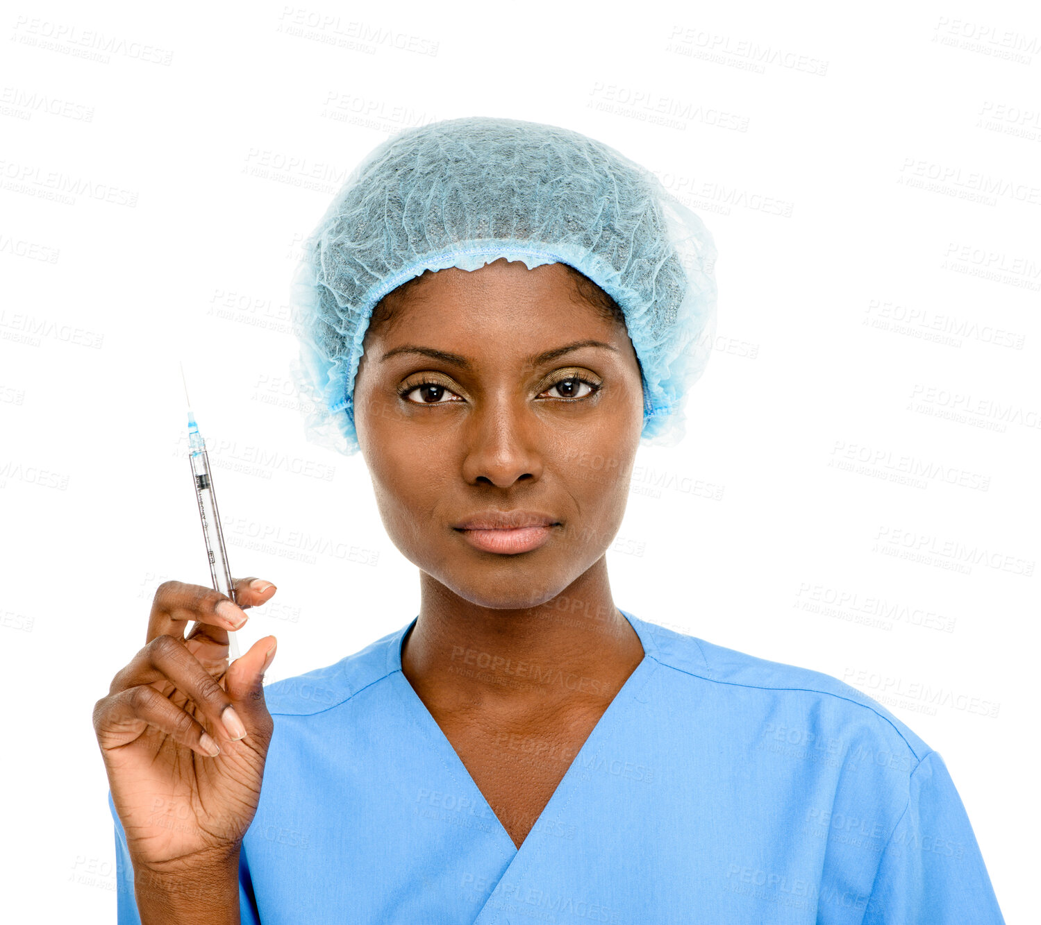 Buy stock photo Woman, doctor and syringe in studio portrait with chemical for dermatology, collagen or plastic surgery. Medic, surgeon and needle for serum, beauty or change for facial cosmetics by white background