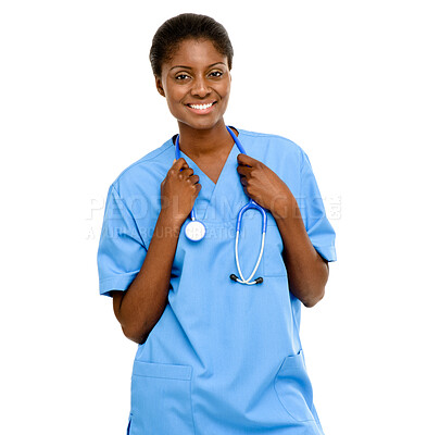 Buy stock photo Studio, doctor and black woman with stethoscope in white background for healthcare, clinic or hospital. Nurse, portrait and medical professional in wellness with confident, happy and expert care