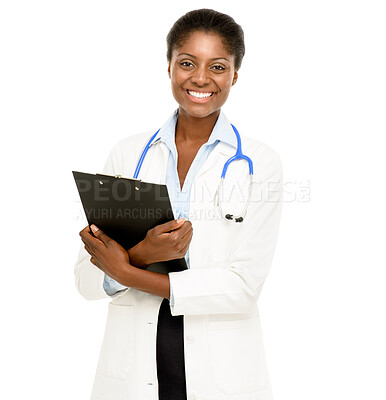 Buy stock photo Healthcare, portrait and woman in studio with clipboard for notes, medical information or paperwork on white background. Doctor, stethoscope and black person for insurance report, script or admin