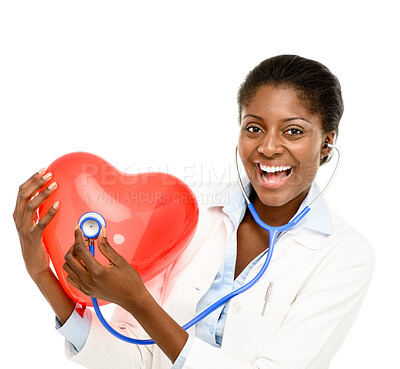 Buy stock photo Woman, doctor and heart balloon with stethoscope in studio portrait, smile and listening by white background. African medic, person and mock up space for cardiology, emoji and healthcare promotion