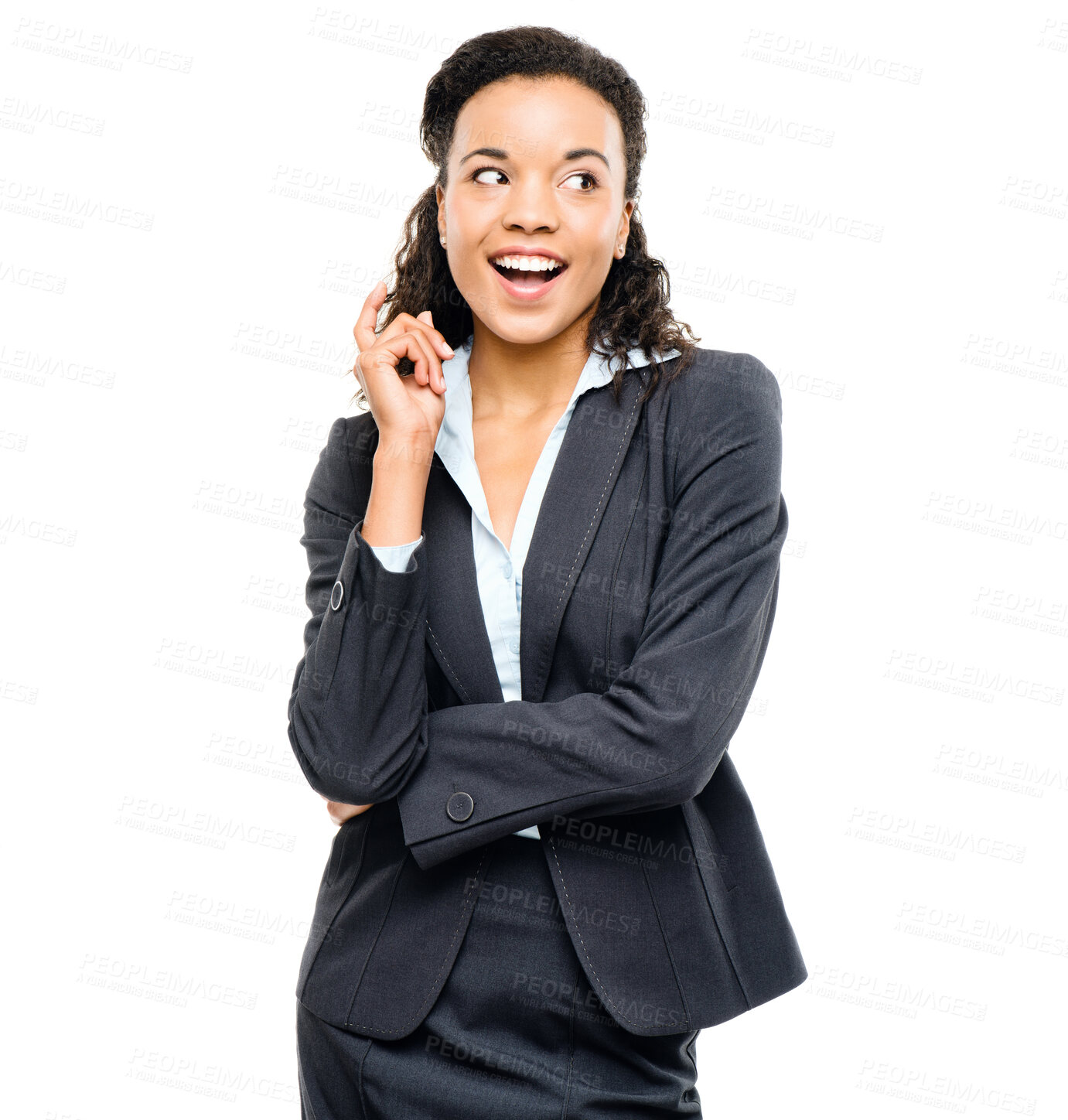 Buy stock photo Corporate woman, excited and ideas finger on isolated white background for finance growth goals, target or future vision. Smile, happy and thinking business worker with financial strategy or planning