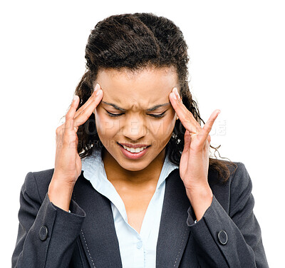 Buy stock photo Business woman, face and stress headache on isolated white background for investment mistake, crisis or financial loss. Hands, pain and burnout migraine for corporate worker with stock market anxiety