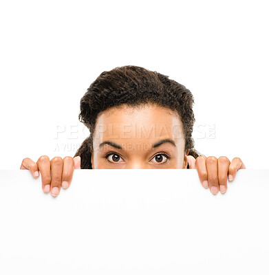 Buy stock photo Woman portrait, hands or hiding by poster promotion, billboard mockup or product placement logo. Hide, model or banner paper in sales deal, nervous vote or curious review on isolated white background