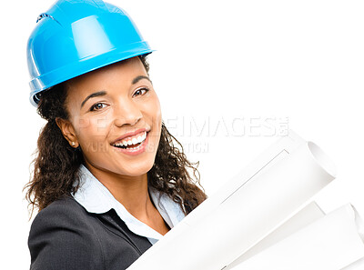 Buy stock photo Black woman, engineer or blueprint in studio with portrait for construction, smile for project with real estate. Female architect, white background or paper for building or company plan with property