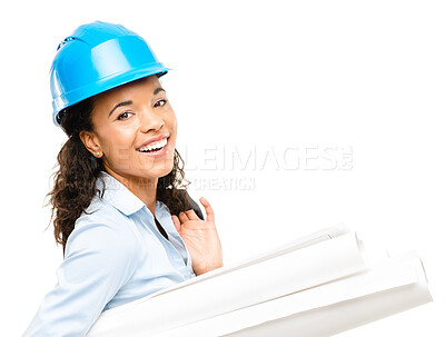 Buy stock photo Black woman, engineer or blueprint on white background with portrait for construction, smile for project with real estate. Female architect, studio or paper for building or company plan with property