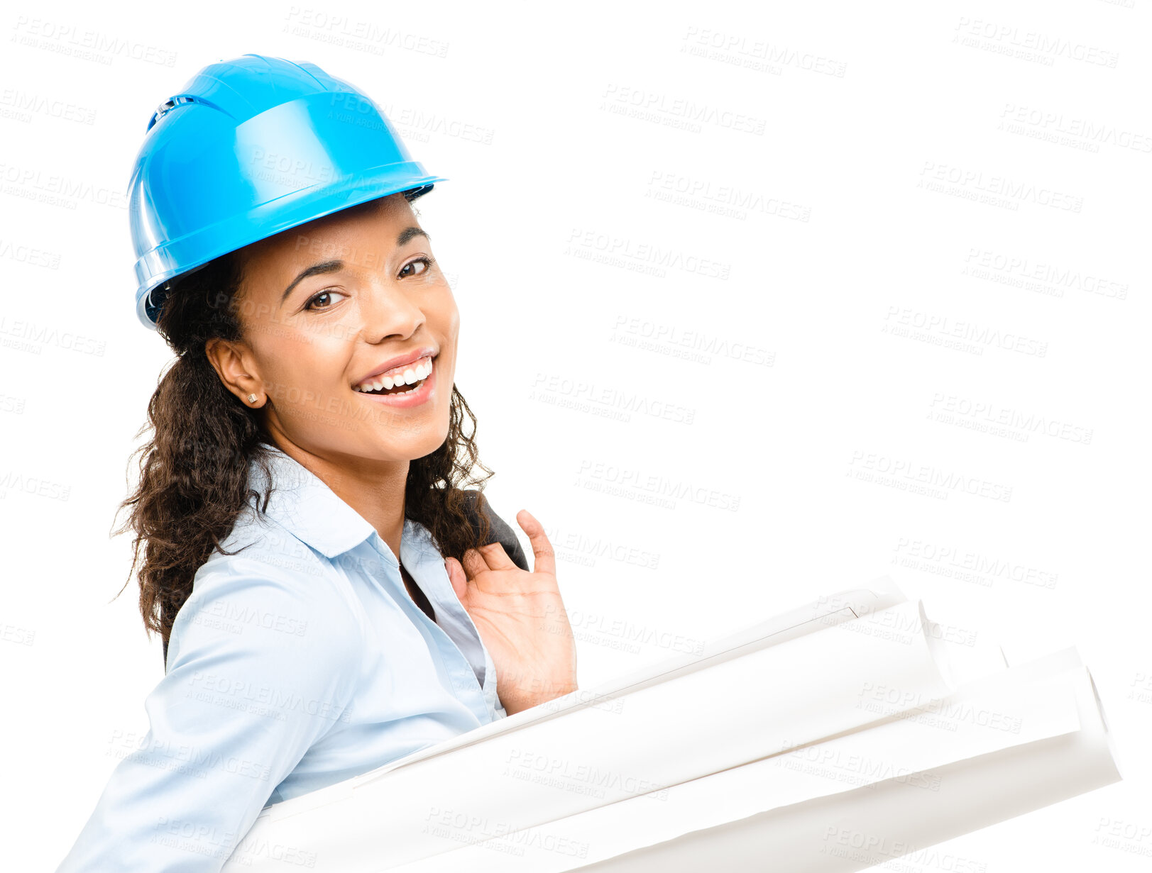 Buy stock photo Black woman, engineer or blueprint on white background with portrait for construction, smile for project with real estate. Female architect, studio or paper for building or company plan with property