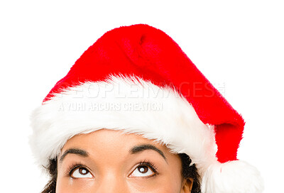 Buy stock photo Christmas, hat and eyes for woman in studio for holiday, celebration and accessory on white background. Santa, face and thinking for present and gift for female person, traditional and vacation