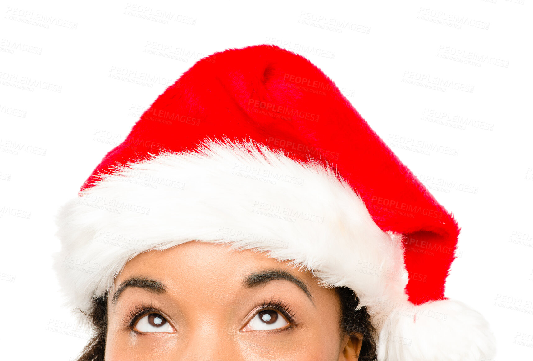 Buy stock photo Christmas, hat and eyes for woman in studio for holiday, celebration and accessory on white background. Santa, face and thinking for present and gift for female person, traditional and vacation