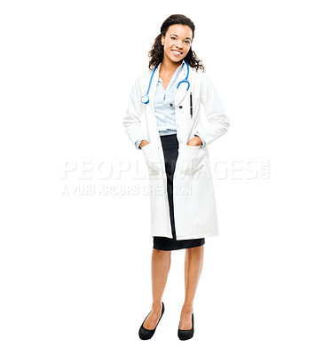 Buy stock photo Happy, medical and portrait of a female doctor in studio after a medicare consultation. Confidence, career and full boy of professional woman healthcare worker with smile standing by white background