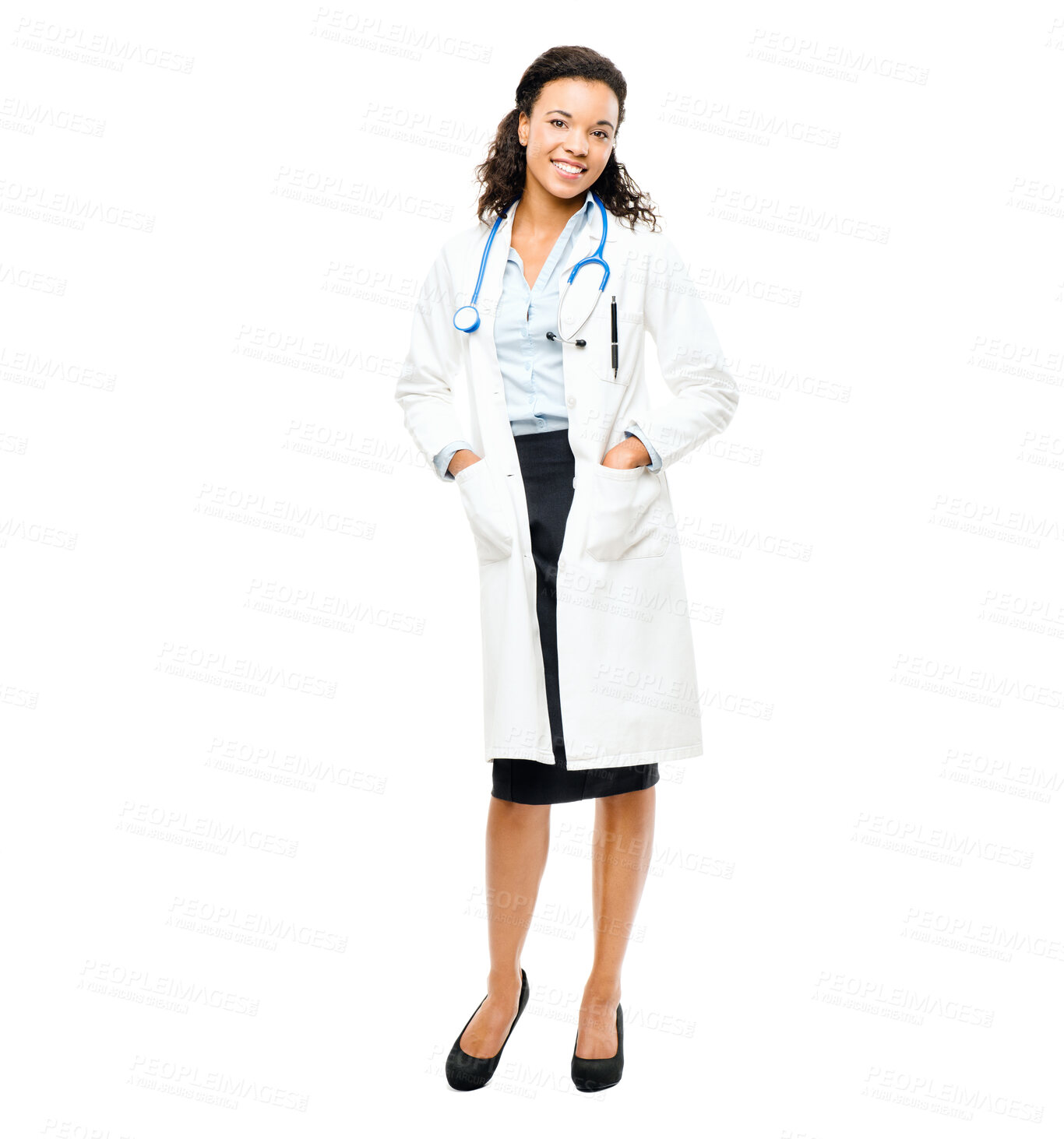 Buy stock photo Happy, medical and portrait of a female doctor in studio after a medicare consultation. Confidence, career and full boy of professional woman healthcare worker with smile standing by white background