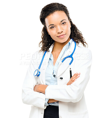 Buy stock photo Doctor portrait, woman smile and arms crossed happy from healthcare and wellness career in studio. Young female employee, medical worker and white background and feeling proud and vision from job