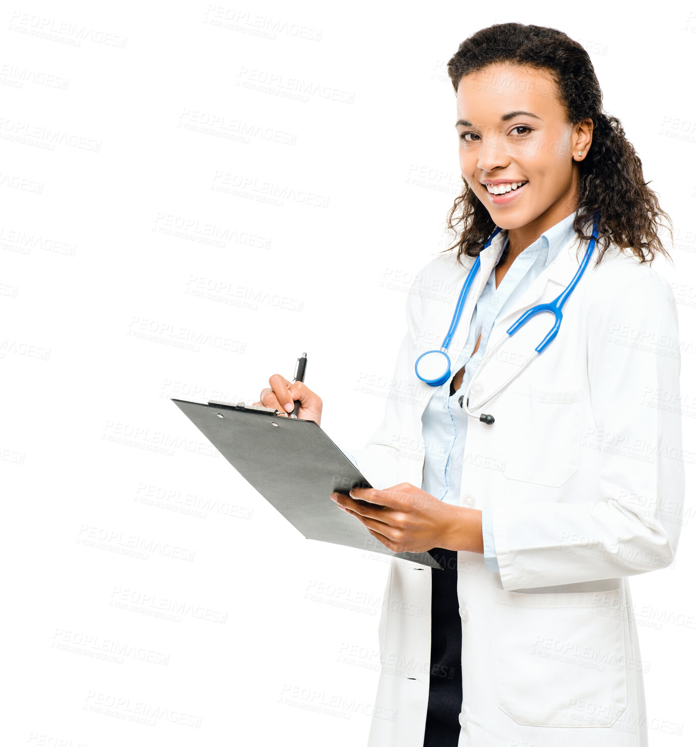 Buy stock photo Woman, doctor and checklist in studio with smile, healthcare or stethoscope on white background. Medicine, pen or prescription for cardiology health, female person or face for clinic help or medicare