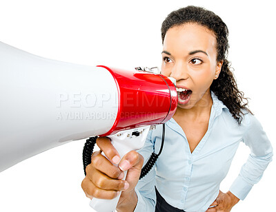 Buy stock photo Business worker, shouting or megaphone in attention, calling or notification alert on isolated white background. Black woman, yelling or screaming on speaker equipment of sales deal or promotion news