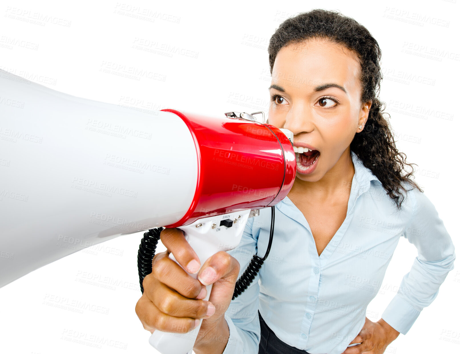 Buy stock photo Business worker, shouting or megaphone in attention, calling or notification alert on isolated white background. Black woman, yelling or screaming on speaker equipment of sales deal or promotion news