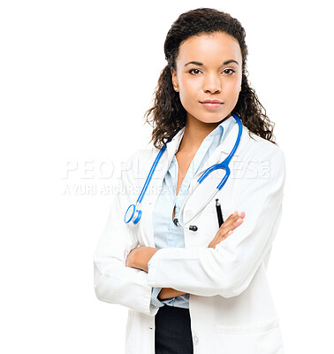 Buy stock photo Doctor portrait, woman and arms crossed with a smile from healthcare and wellness career in studio. Young female worker, isolated and nursing with white background proud and confident from job