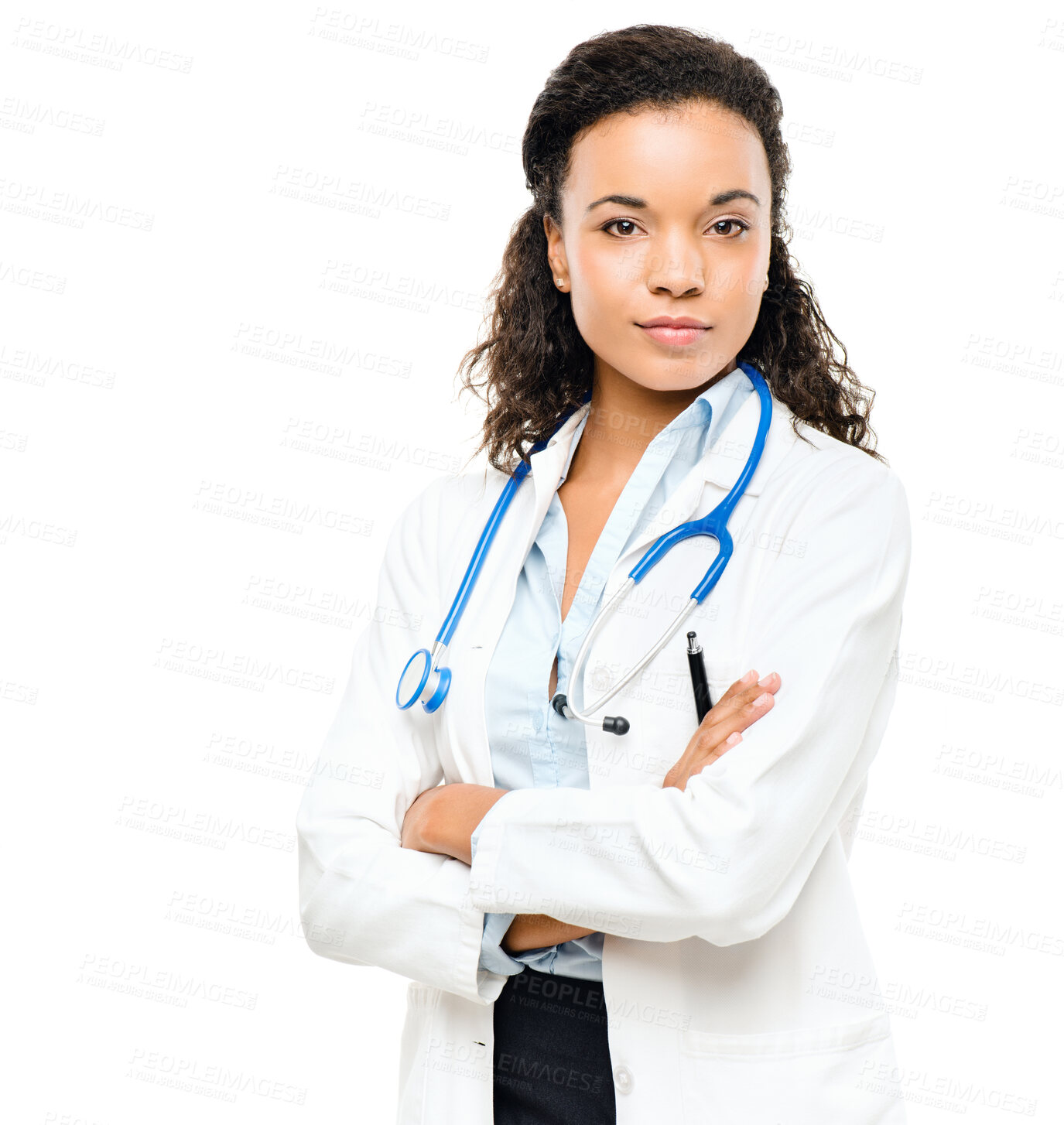 Buy stock photo Doctor portrait, woman and arms crossed with a smile from healthcare and wellness career in studio. Young female worker, isolated and nursing with white background proud and confident from job