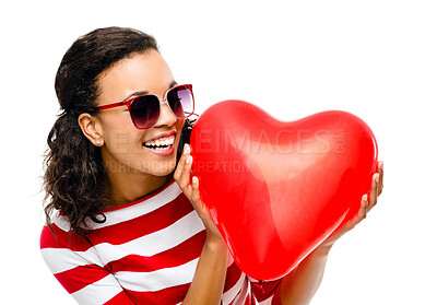 Buy stock photo Woman, fun or balloon heart on isolated white background for valentines day, romance or love. Smile, happy or model face with inflatable romantic toy, trendy sunglasses or fashion clothes on mock up