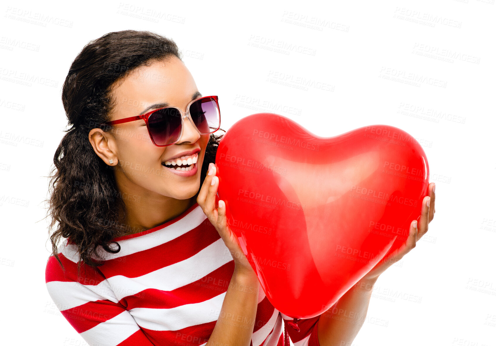 Buy stock photo Woman, fun or balloon heart on isolated white background for valentines day, romance or love. Smile, happy or model face with inflatable romantic toy, trendy sunglasses or fashion clothes on mock up