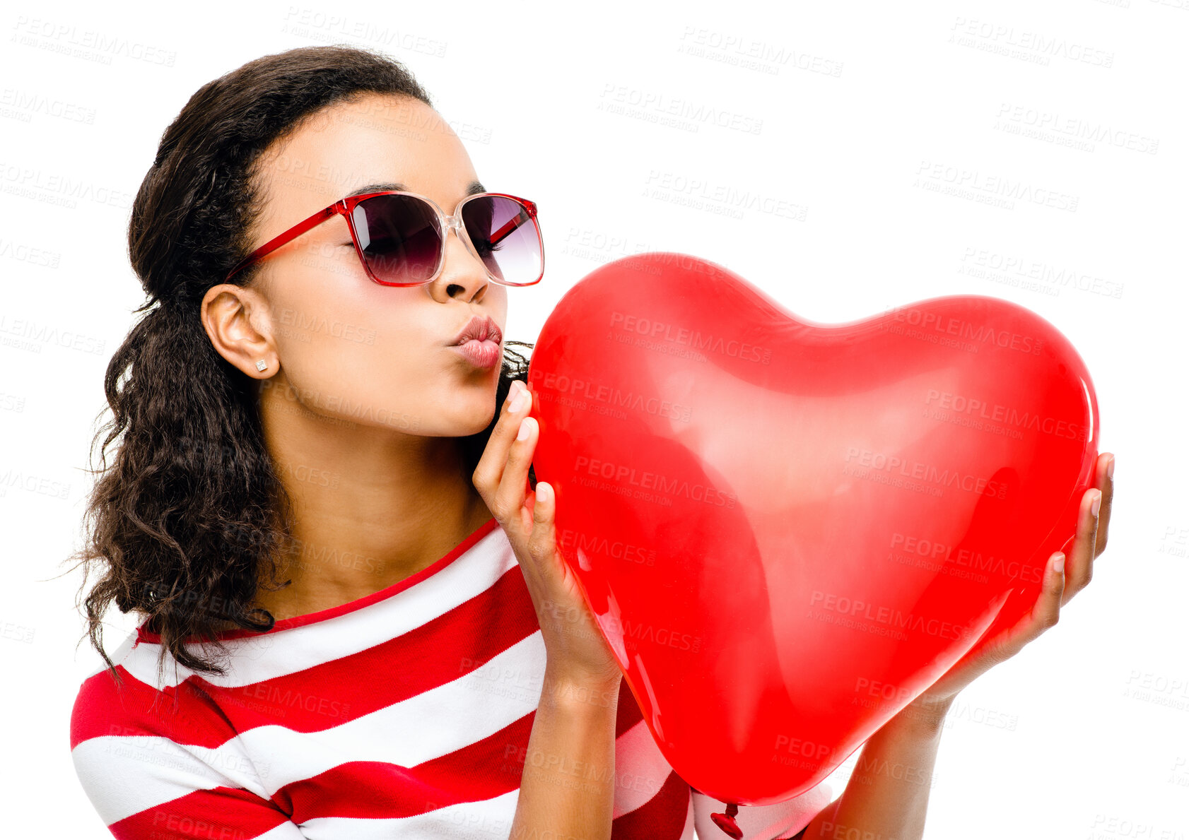 Buy stock photo Heart, kiss and valentines day with a black woman in studio isolated on a white background for love or romance. Red, romantic and dating with a female holding an icon, symbol or emoji on blank space