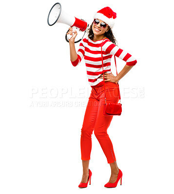 Buy stock photo Smile, megaphone and happy woman with Christmas announcement on white background for review. Festive, attention and voice of girl with discount, broadcast and news for celebration talking on speaker