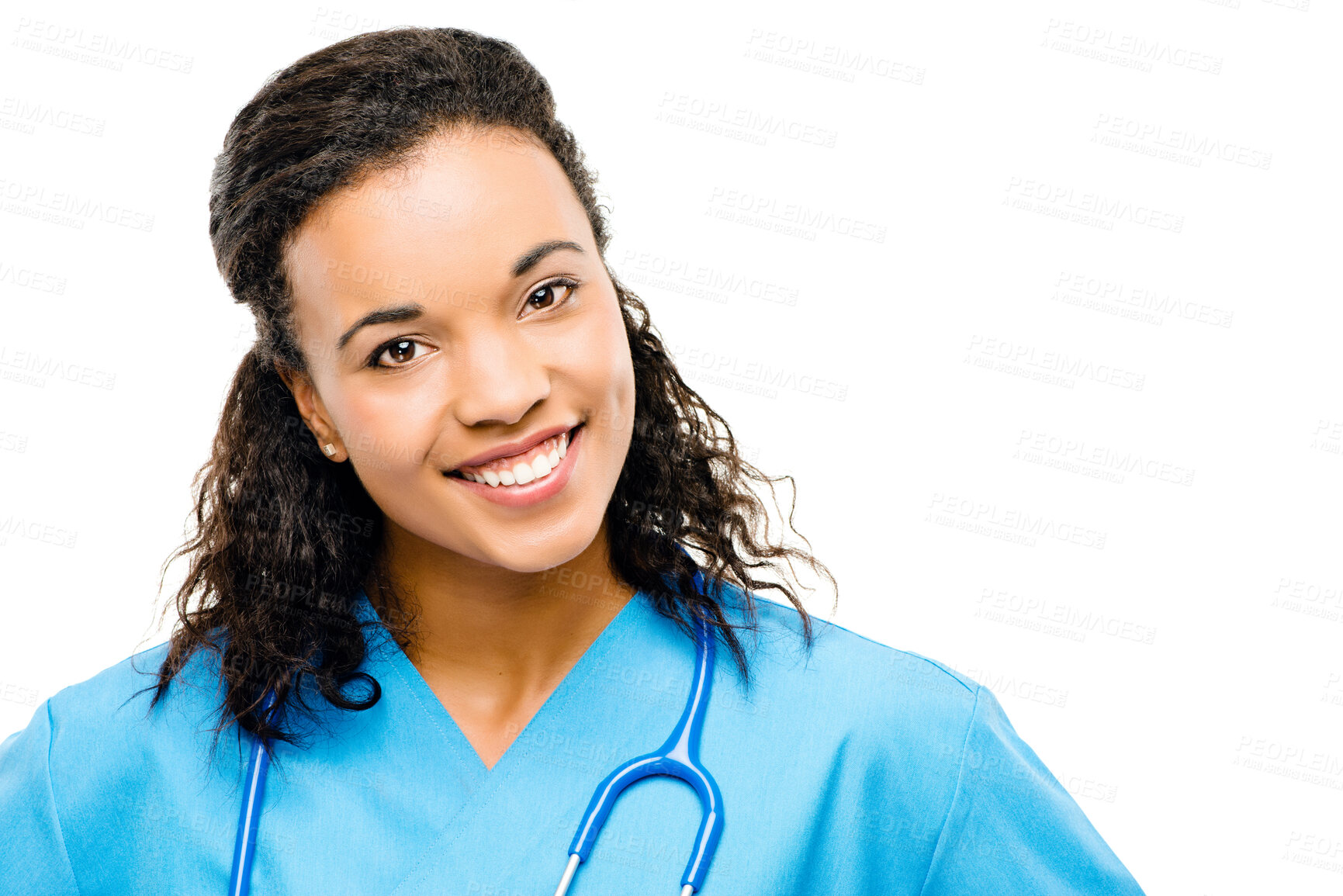 Buy stock photo Nurse portrait, woman and happy with a smile from healthcare and wellness career in studio. Young female employee, nursing worker and white background and professional proud and confident from job