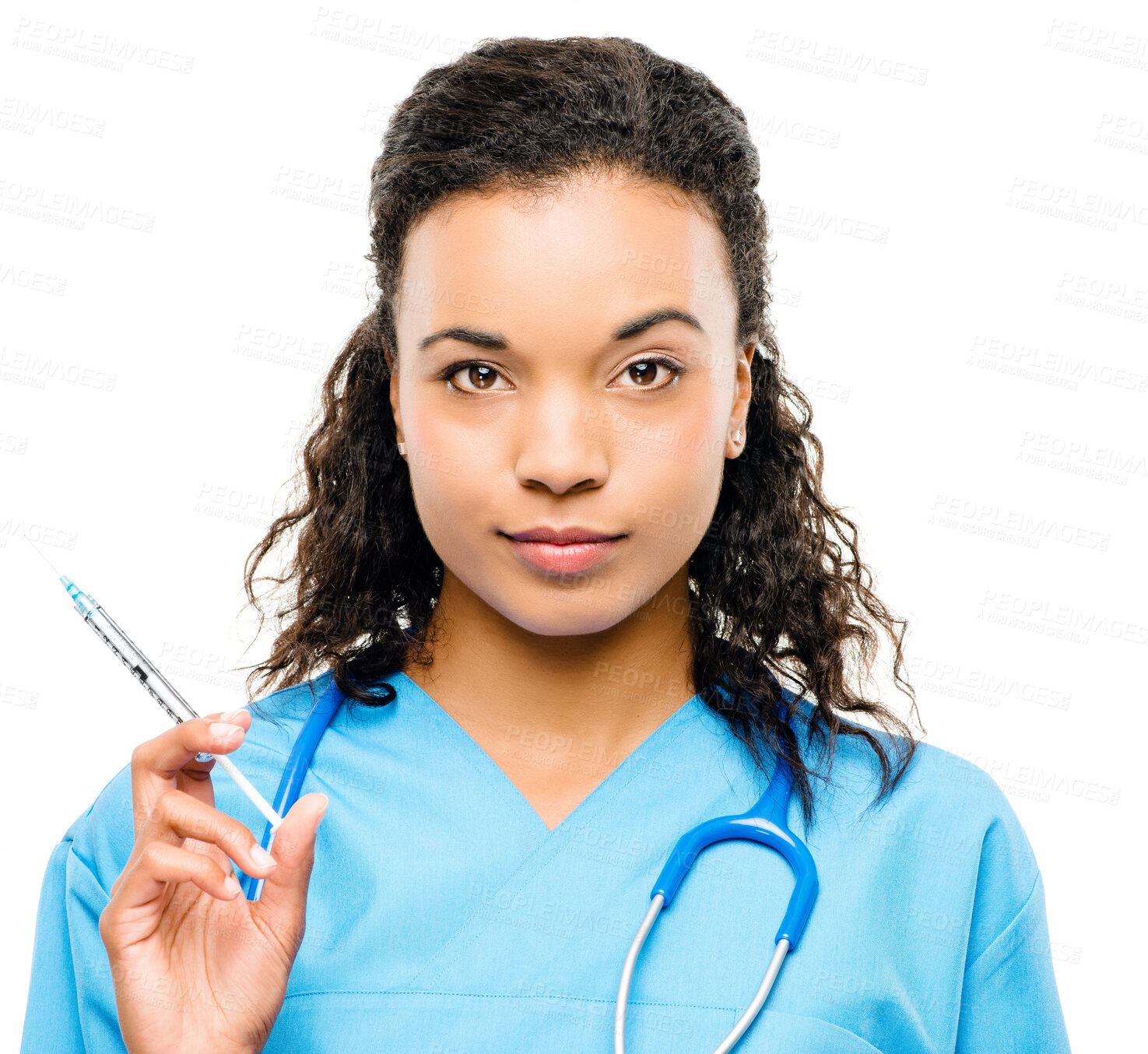 Buy stock photo Syringe, woman and nurse in studio for injection, portrait and healthcare on white background. Stethoscope, face and vaccine with needle from medicare person, clinic and medicine for virus protection