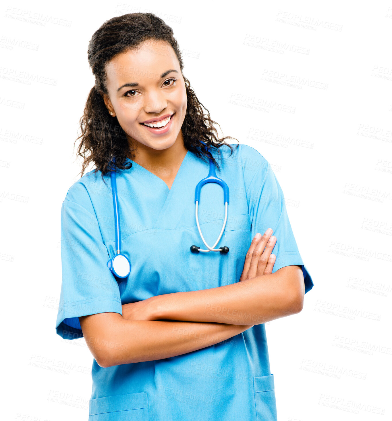 Buy stock photo Arms crossed, portrait and a woman with healthcare pride isolated on a white background in a studio. Happy, doctor or a female nurse with confidence and smile for medical career or nursing service