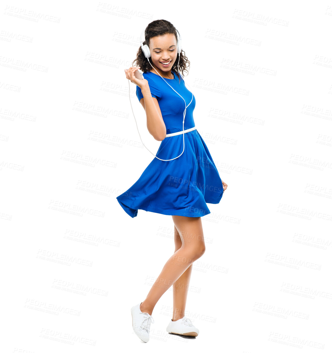 Buy stock photo Girl, teenager and sound for dancing in studio, listening and headphones for track on white background. Female person, music and streaming audio for fun, connection and hearing radio for wellness