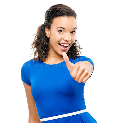 Buy stock photo Portrait, woman and thumbs up in studio for success, thank you and competition or winner. Yes gesture, model girl and feedback for happiness and achievement or agreement by white background for pride