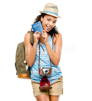 Buy stock photo Woman, travel and passport with portrait and camera, document and studio on white background. Vacation, memories and freedom for student person, gap year and backpack for tourism to Switzerland