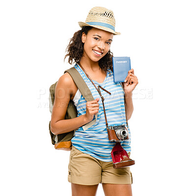 Buy stock photo Woman, travel and passport with camera and document, portrait and studio on white background. Vacation, memories and freedom for student person, gap year and backpack for tourism to Switzerland