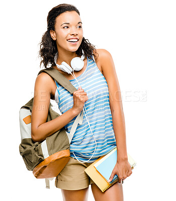 Buy stock photo Girl, student and books in studio for thinking, bag or smile with mockup by white background. African person, education and study with vision for learning, development or ready for back to school