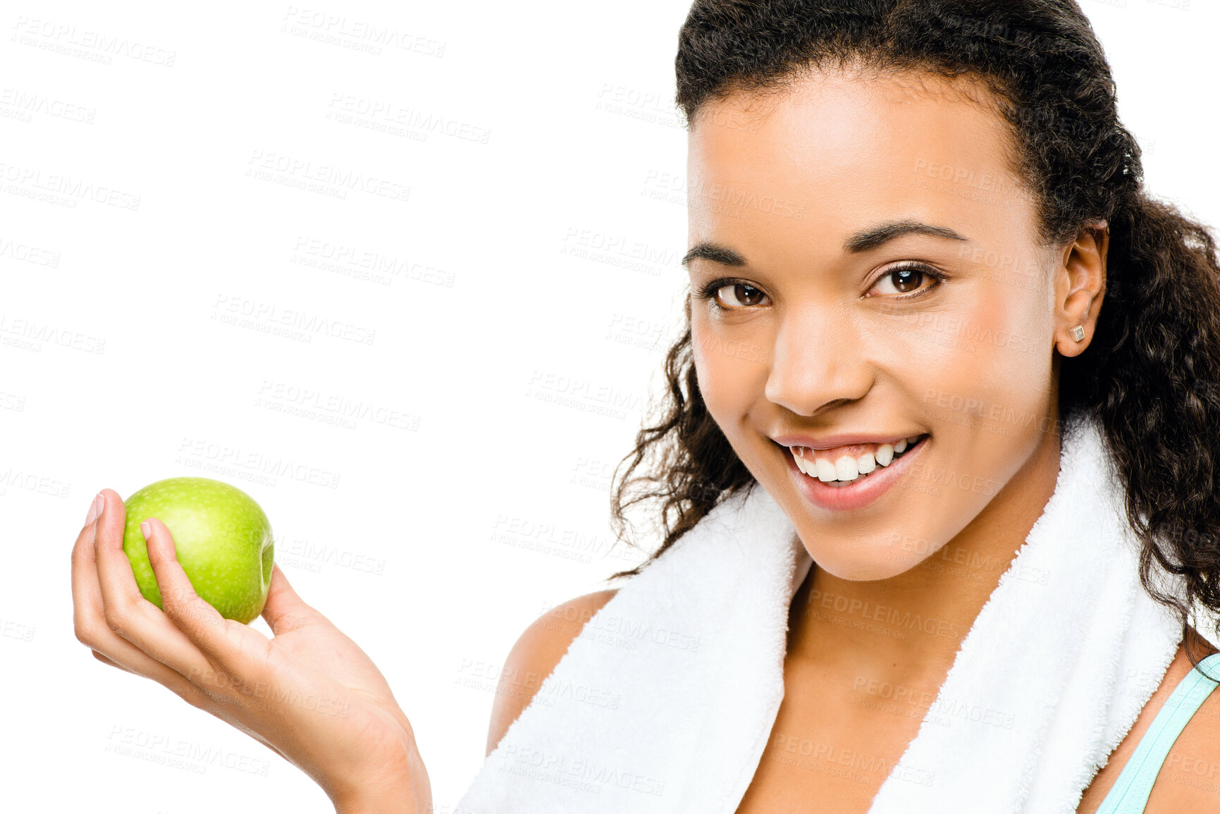 Buy stock photo Girl, apple and healthy in studio portrait by mock up space for nutrition for wellness by white background. African person, happy and towel for workout, diet and choice for fruit with vegan food