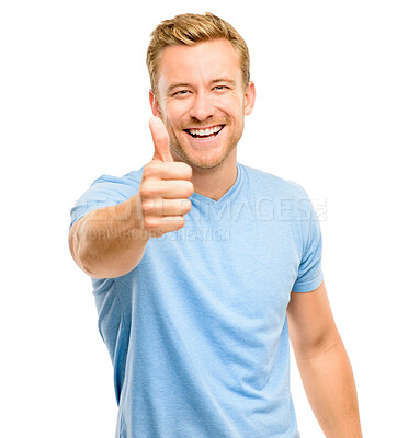 Buy stock photo Confident, thumbs up and portrait of man in studio with vote, good review or satisfaction emoji. Happy, like sign and male person with approval hand gesture for positive feedback by white background.