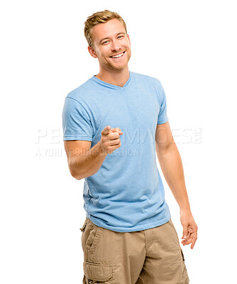 Buy stock photo Smile, portrait and man in studio pointing at you for choice, decision or opportunity for promotion. Offer, deal and happy male person showing announcement, notification or vote on white background.