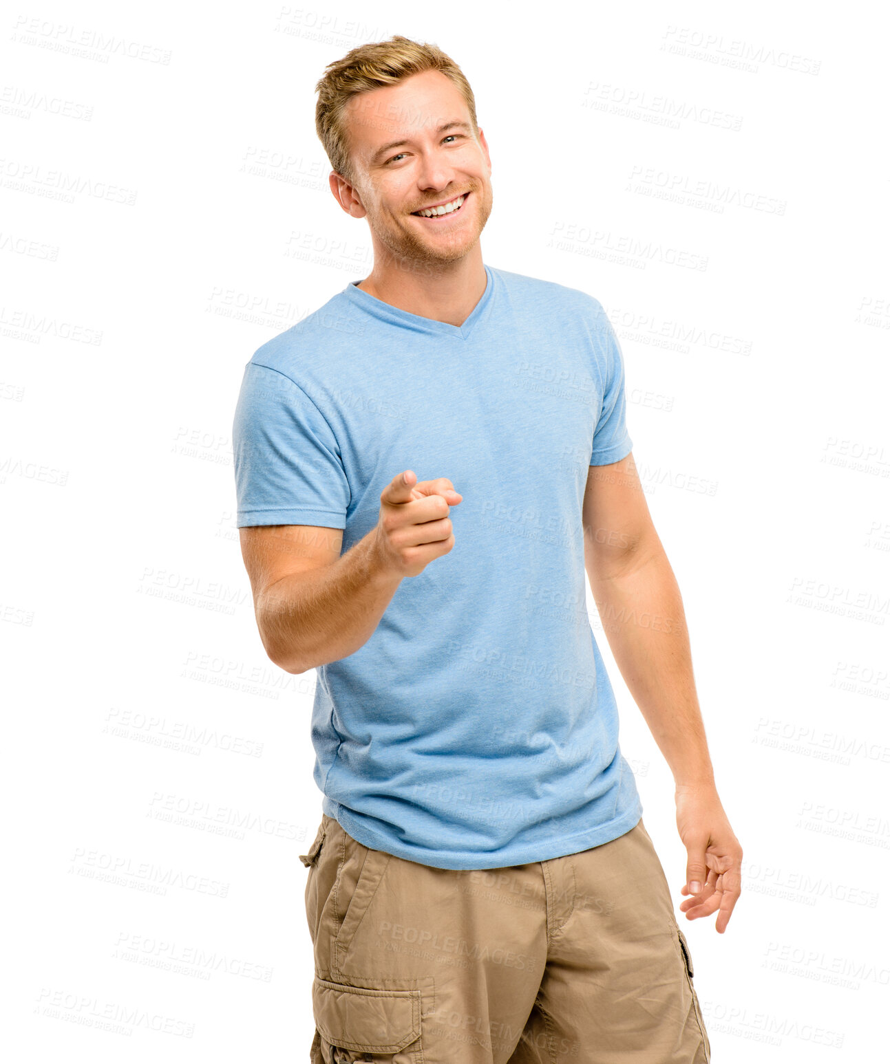 Buy stock photo Smile, portrait and man in studio pointing at you for choice, decision or opportunity for promotion. Offer, deal and happy male person showing announcement, notification or vote on white background.