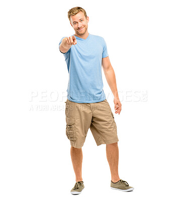 Buy stock photo Happy, pointing at you and portrait of a man in studio for accountability, nomination or motivation. Male model with hand sign for choice, opportunity or casual fashion isolated on white background