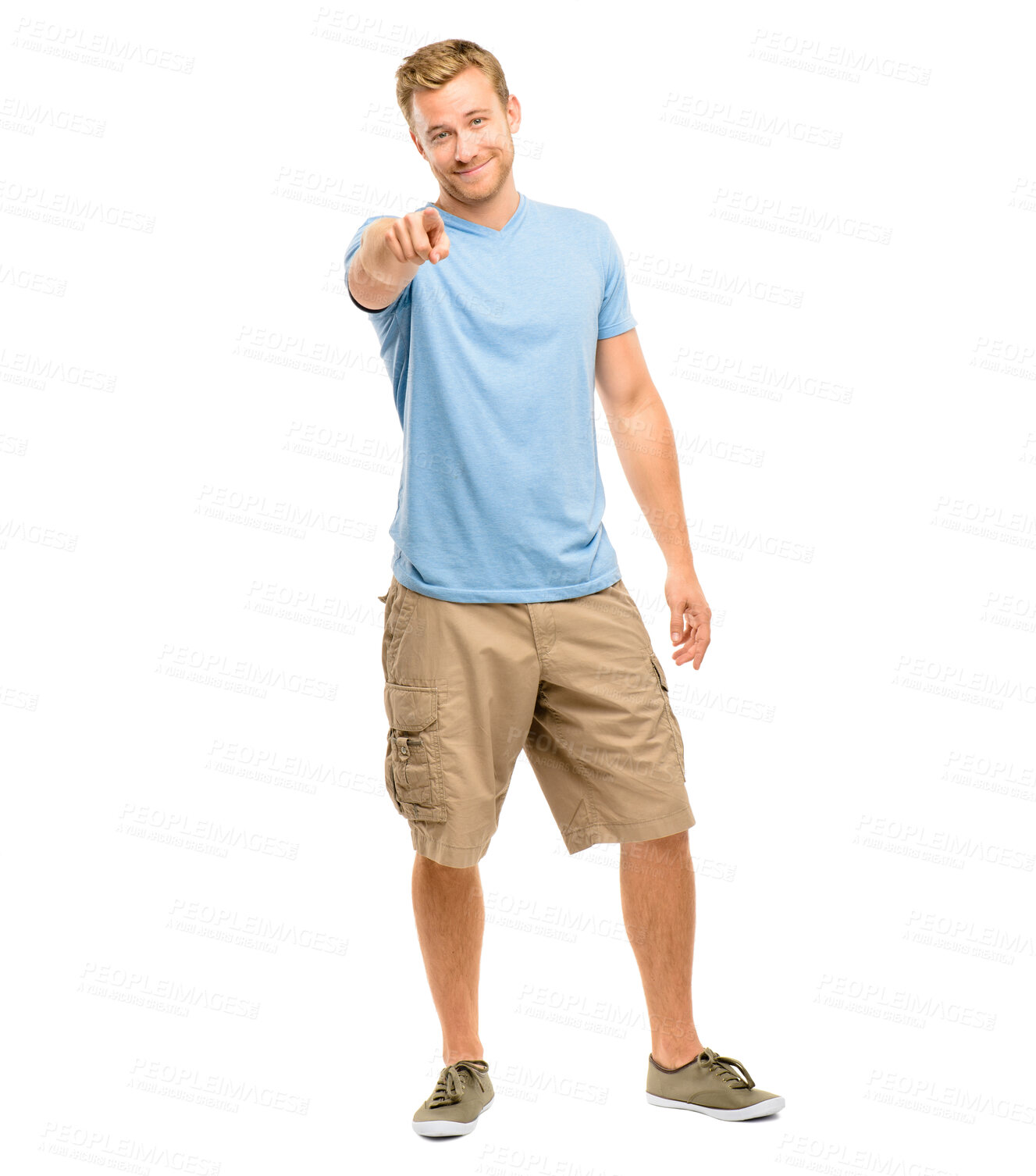 Buy stock photo Happy, pointing at you and portrait of a man in studio for accountability, nomination or motivation. Male model with hand sign for choice, opportunity or casual fashion isolated on white background