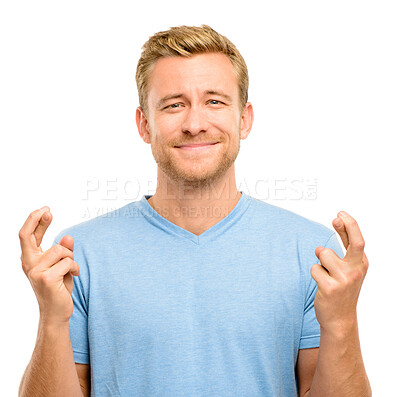 Buy stock photo Studio, portrait and man with fingers crossed for hope, opportunity or promise for chance. Wish, faith and face of male person with anxiety praying for good news, results or luck on white background