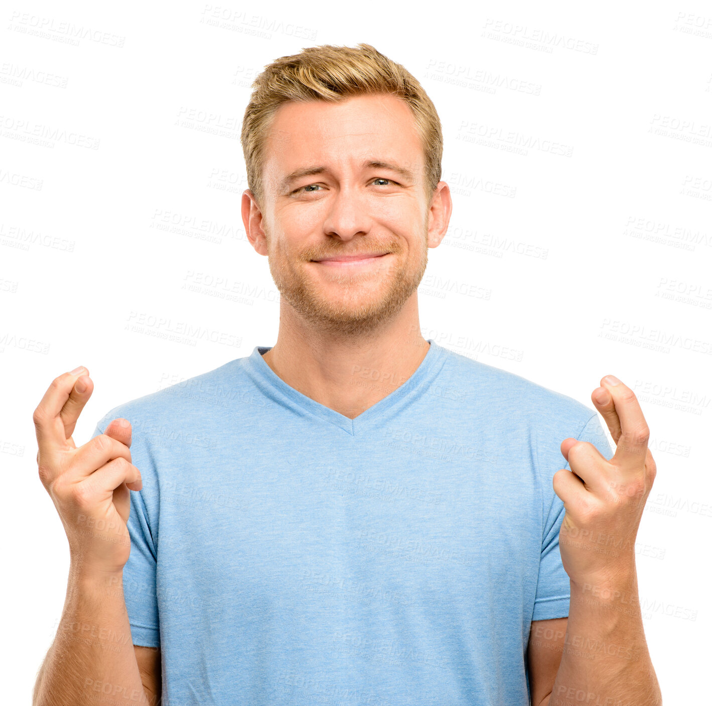 Buy stock photo Studio, portrait and man with fingers crossed for hope, opportunity or promise for chance. Wish, faith and face of male person with anxiety praying for good news, results or luck on white background