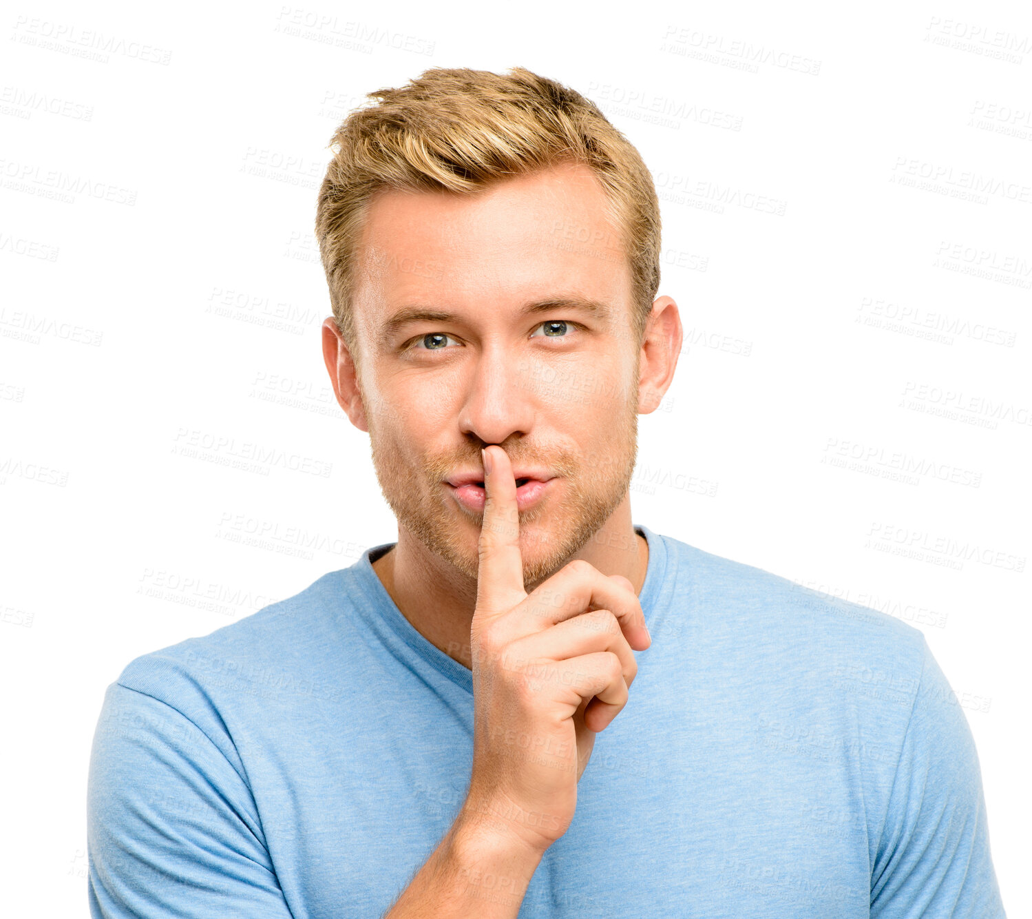 Buy stock photo Secret, portrait and man with finger on mouth for gossip, silence and confidential announcement in studio. Privacy, voice and face of male person with news, whisper and censorship on white background