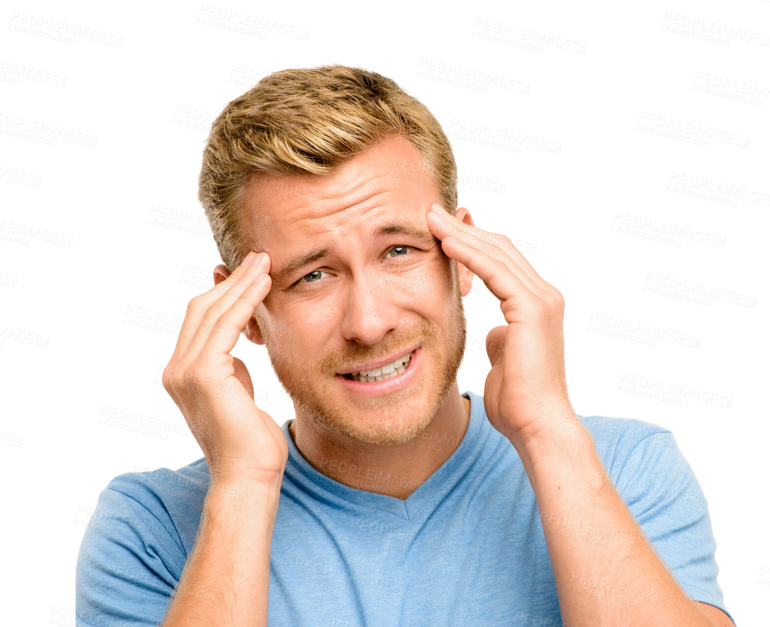 Buy stock photo Stress, headache and portrait of man in studio with healthcare problem, emergency and burnout. Frustrated, face and hands of person with frown for pressure, migraine and tension on white background