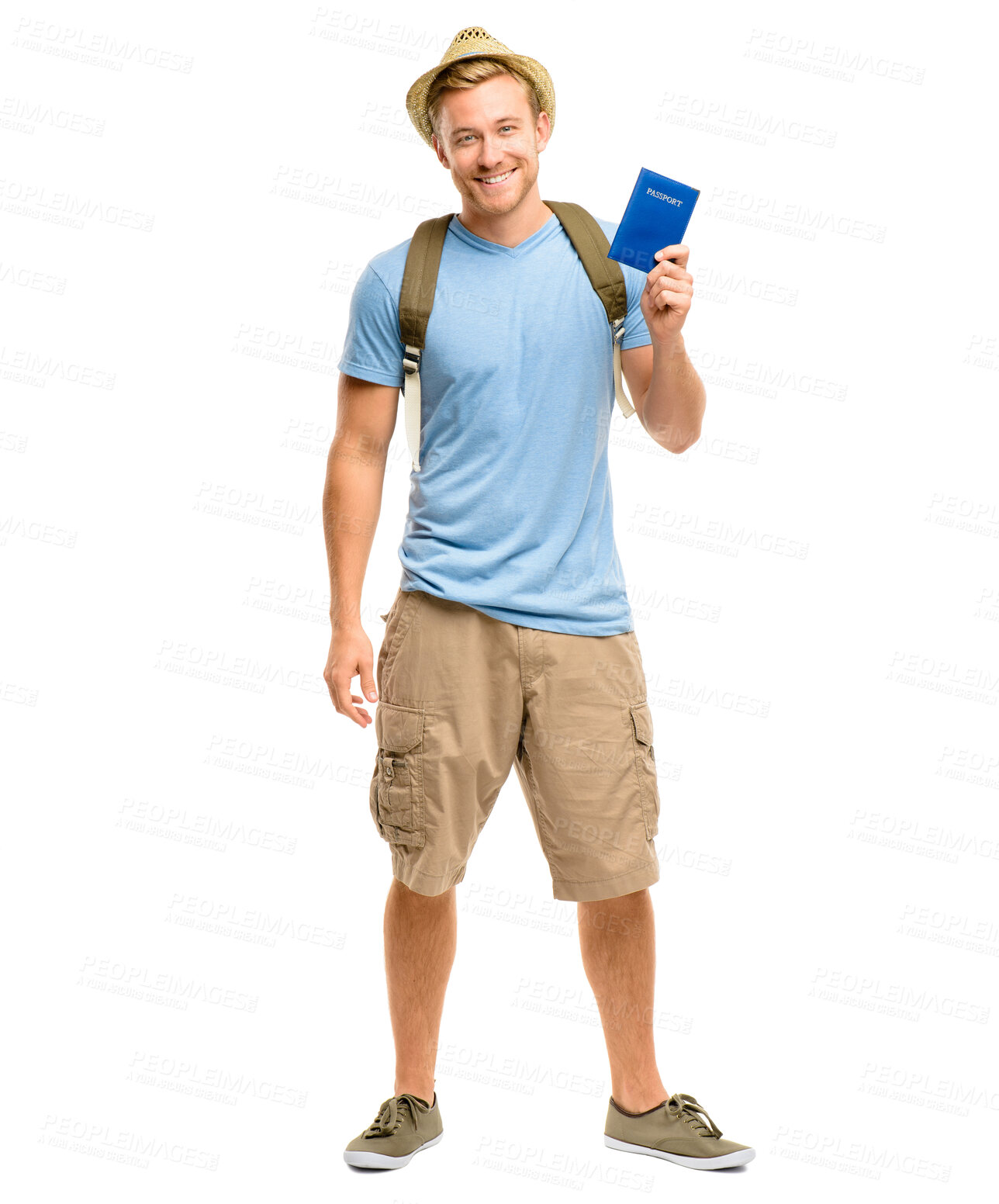 Buy stock photo Travel, portrait and man with passport in studio for destination, explore or tourism on white background. Smile, holiday and male person with backpack for journey, adventure or vacation in Germany