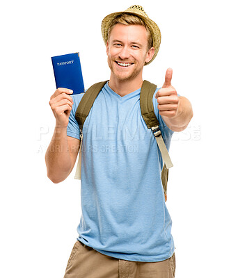 Buy stock photo Thumbs up, portrait and happy man with passport in studio for destination, holiday or tourist on white background. Travel, backpack and person with gesture for agreement, adventure or trip in Cuba