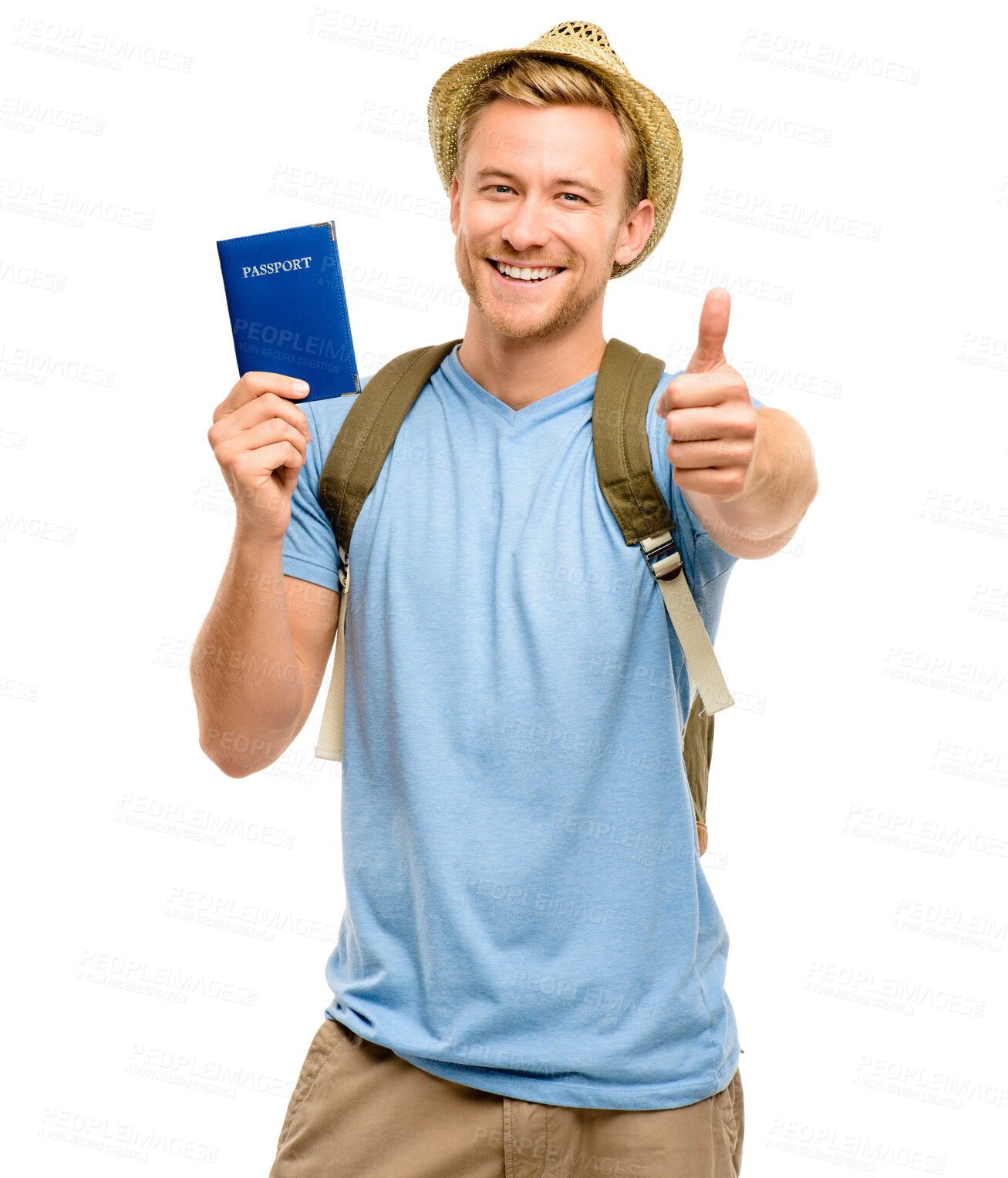 Buy stock photo Thumbs up, portrait and happy man with passport in studio for destination, holiday or tourist on white background. Travel, backpack and person with gesture for agreement, adventure or trip in Cuba